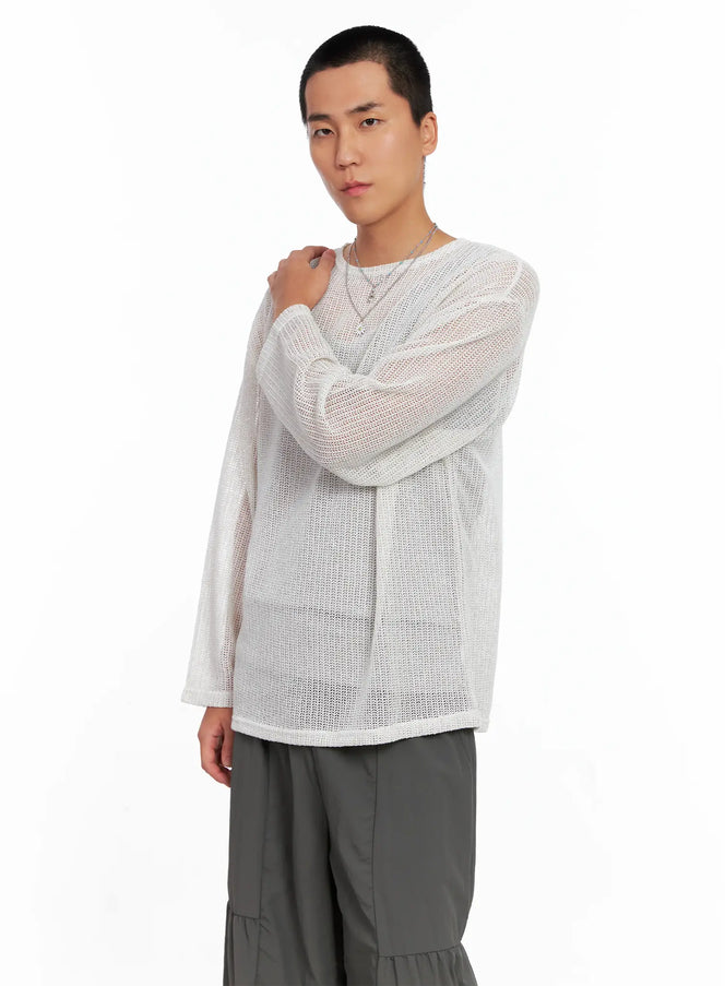 LEWKIN Men's Sheer Knit Long Sleeve IS510 in white, three-quarter front view on model, open-weave mesh knit with semi-sheer body, crew neck, paired with dark olive wide-leg pants.