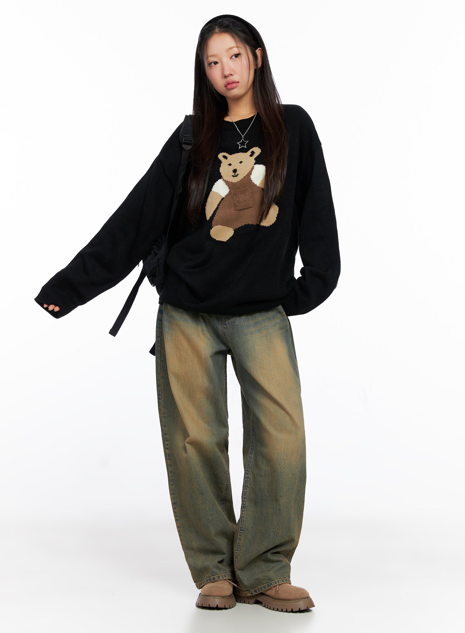 LEWKIN Miley Washed Balloon Baggy Jeans CO515 in vintage green-blue wash, full-body front on model, wide balloon silhouette, long length, styled with black bear graphic sweater and chunky boots.