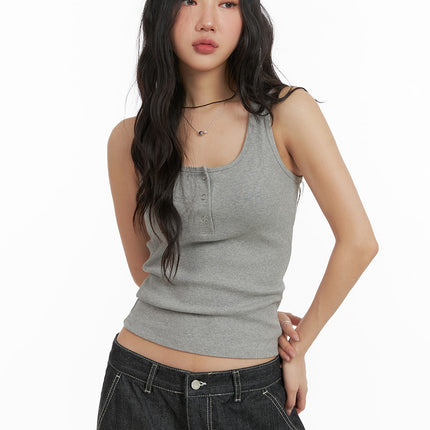 solid-rib-button-up-tank-crop-top-cm425 / Gray