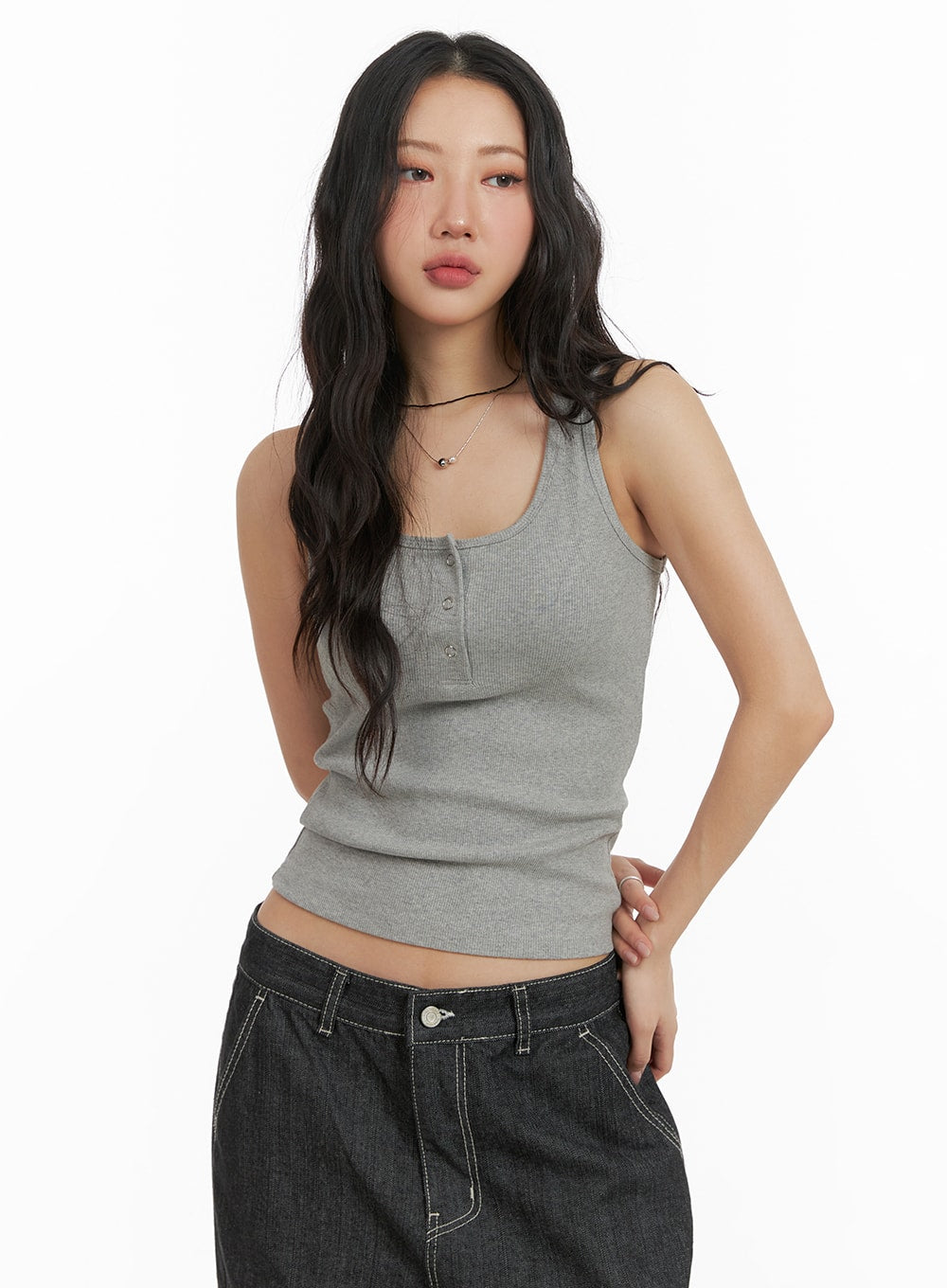 Solid Rib Button-Up Tank Crop Top CM425 - Acubi style | LEWKIN