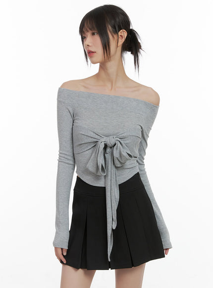 ribbon-tie-off-shoulder-crop-top-cs412 / Gray