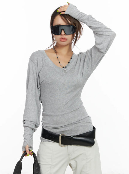 v-neck-long-sleeve-tee-cf512 / Gray