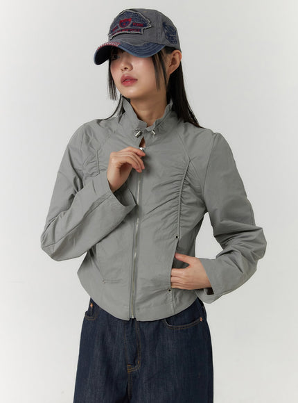 crop-shirring-zip-up-jacket-cf407 / Gray