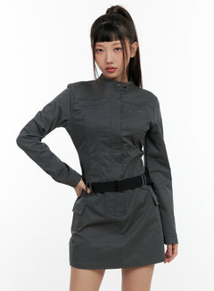 half-zip-up-belt-mini-dress-cn404 / Gray