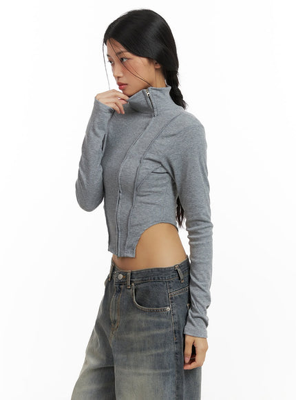 zip-up-long-sleeve-crop-top-ca424 / Gray