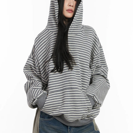oversized-striped-fleece-hoodie-cd505 / Gray