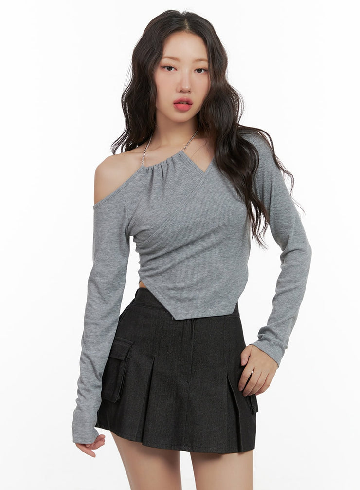 unbalanced-shoulder-chain-long-sleeve-cg423 / Gray