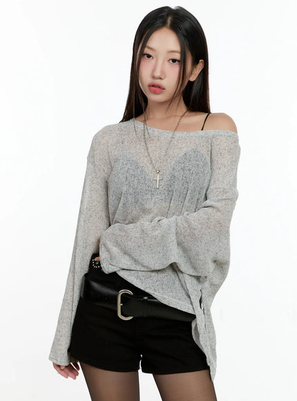 off-shoulder-sheer-long-sleeve-top-cg501 / Gray