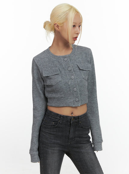 classic-fit-button-pocket-crop-cardigan-cs426 / Gray