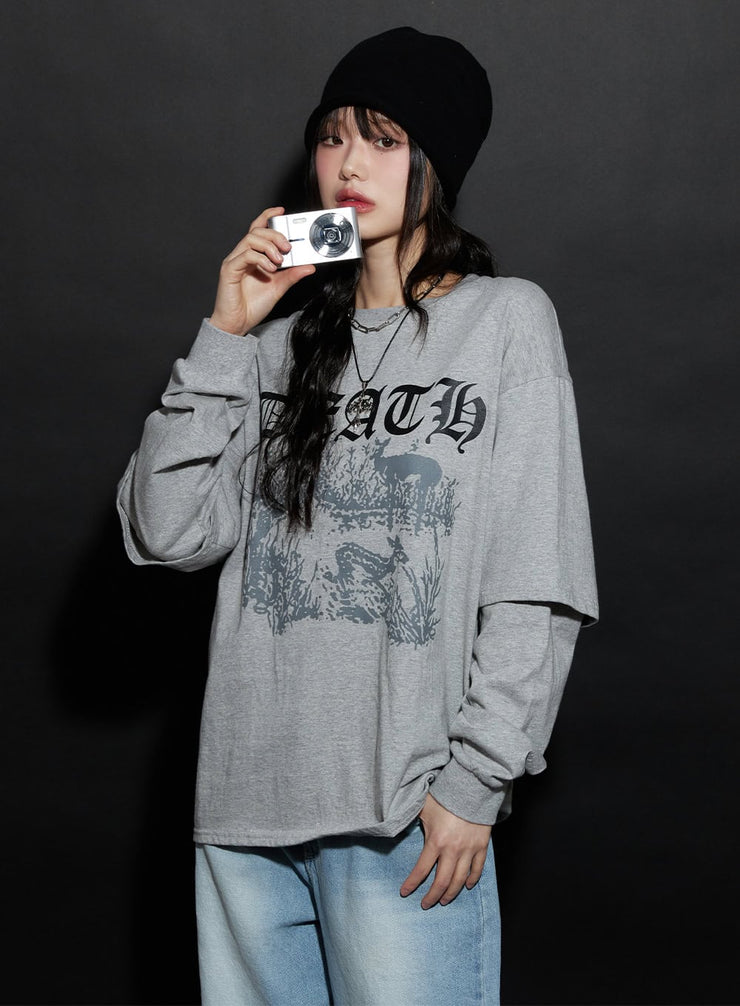 graphic-double-layered-long-sleeve-t-shirt-cj528 / Gray