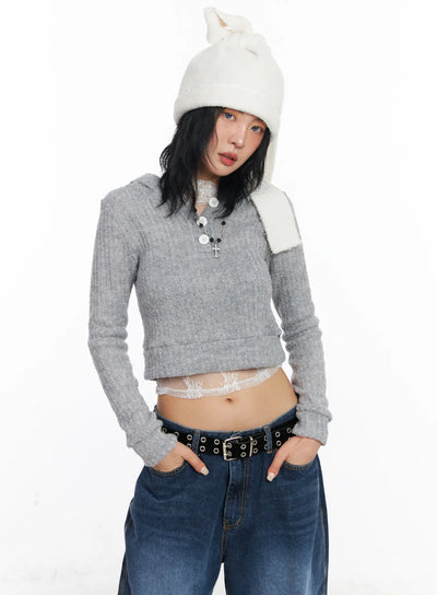 boucle-knit-crop-hoodie-cj522 / Gray