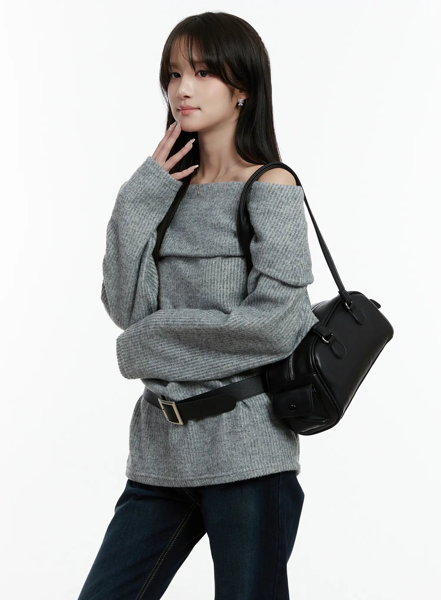 fleece-ribbed-off-shoulder-knit-top-cd523 / Gray