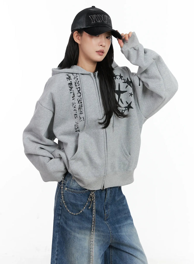 star-print-cozy-zip-up-hoodie-cn528 / Gray