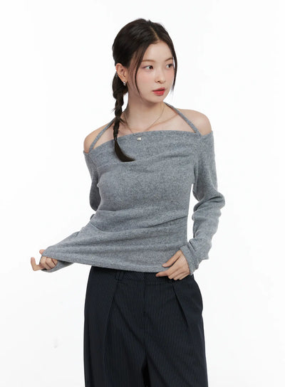 two-way-shirred-fleece-off-shoulder-top-cn518 / Gray