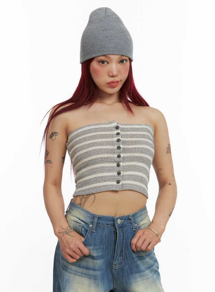 stripe-buttoned-tube-top-cy429 / Gray