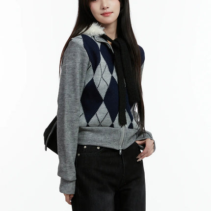 argyle-pattern-knit-zip-up-sweater-cd523 / Gray