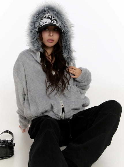 faux-fur-fleece-zip-up-hoodie-cn527 / Gray