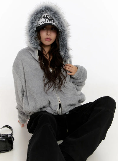 faux-fur-fleece-zip-up-hoodie-cn527 / Gray
