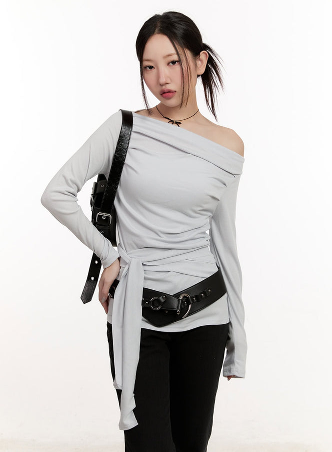 one-shoulder-wrap-tie-long-sleeve-top-cm510 / Gray