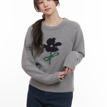 flower-graphic-knitted-sweater-cj515 / Gray