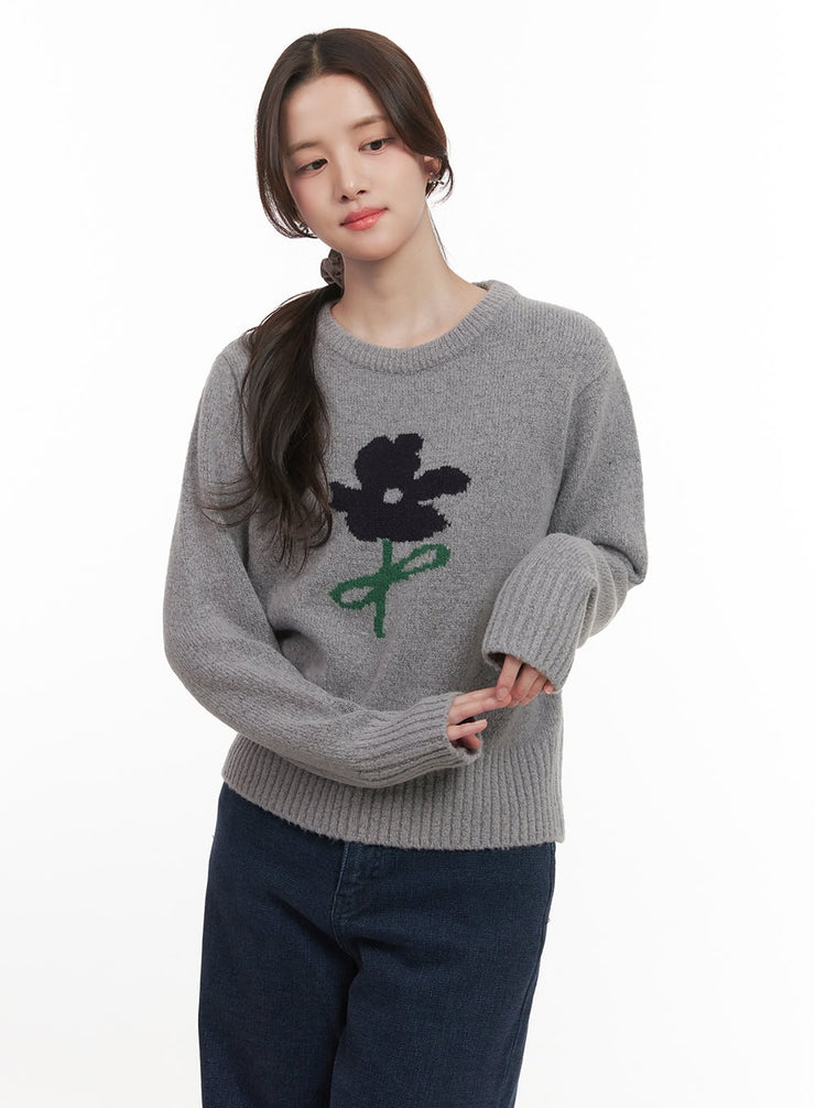 flower-graphic-knitted-sweater-cj515 / Gray