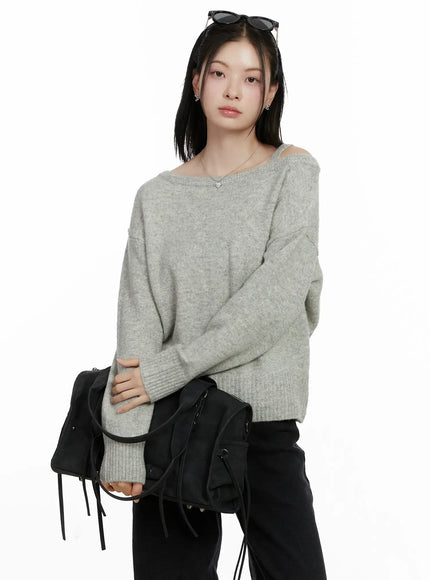 oversized-off-shoulder-knit-sweater-f502 / Gray