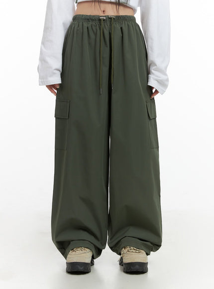 string-detail-wide-leg-cargo-pants-cs430 / Green