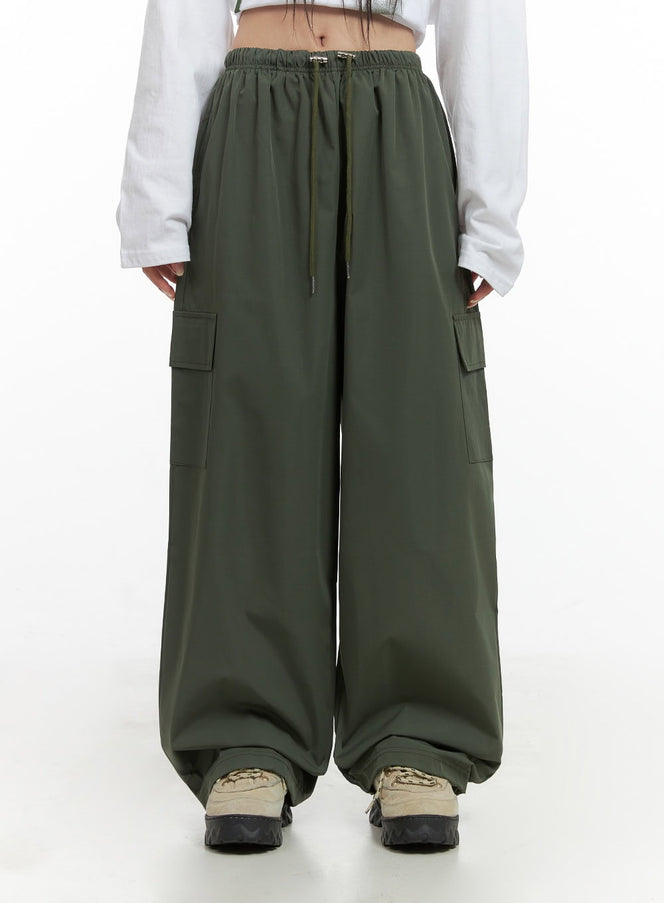 string-detail-wide-leg-cargo-pants-cs430 / Green