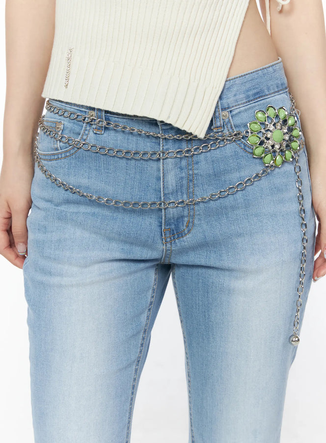 green-floral-gem-chain-belt-cu511 / Green