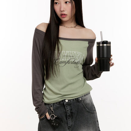 graphic-two-tone-off-shoulder-top-cm507 / Green