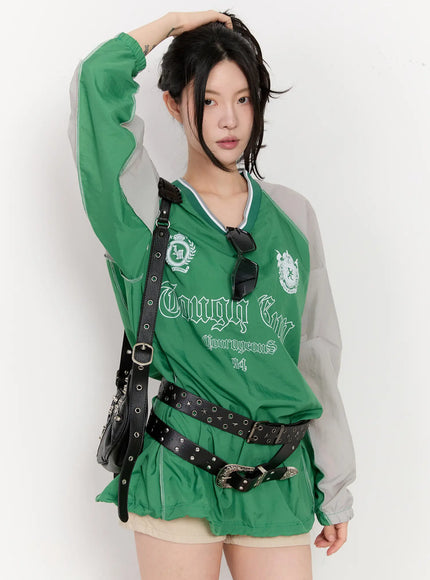 oversized-v-neck-graphic-sweatshirt-ca507 / Green