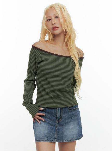 chic-striped-off-shoulder-long-sleeve-cs425 / Green