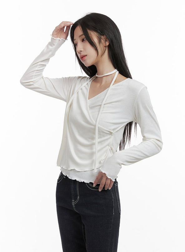 elegant-buttoned-wrap-long-sleeve-top-cs430 / Light beige