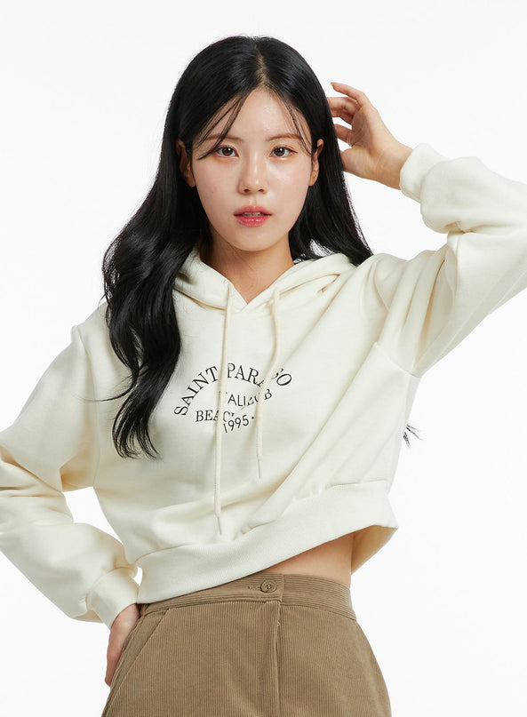 lettering-hooded-crop-sweatshirt-on315 / Light beige