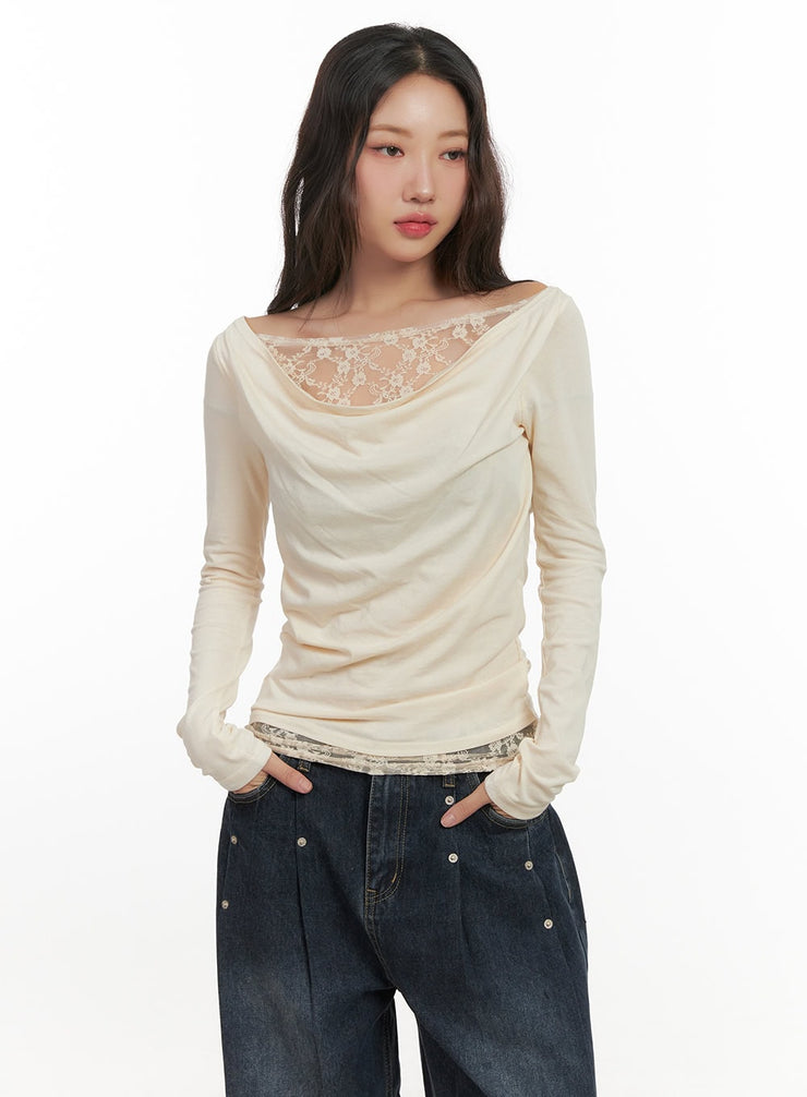 lace-detail-cowl-neck-top-cn426 / Light beige