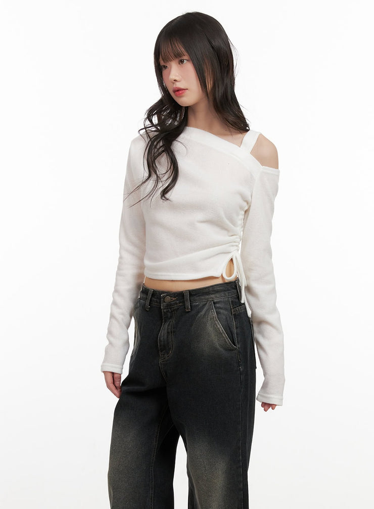 one-shoulder-long-sleeve-bliss-crop-top-cj501 / Light beige