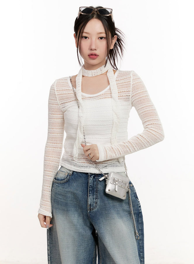 sheer-slim-fit-knitted-top-cm507 / Light beige