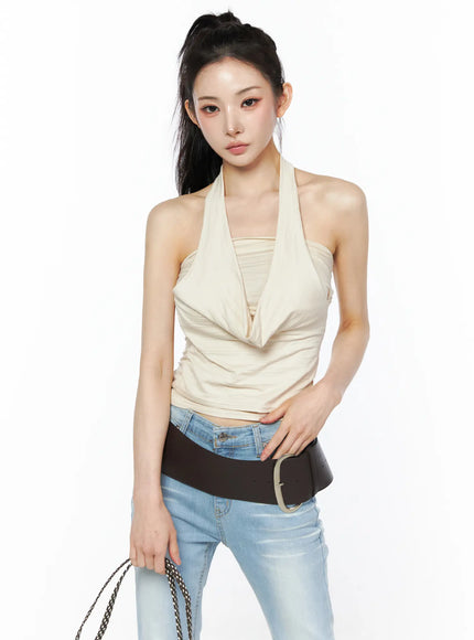 draped-halter-tube-top-cu511 / Light beige
