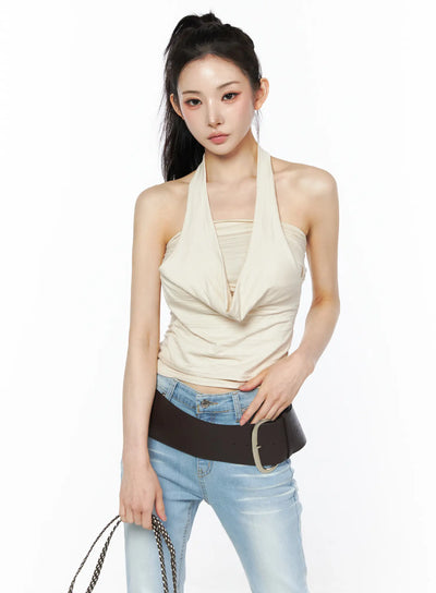 draped-halter-tube-top-cu511 / Light beige