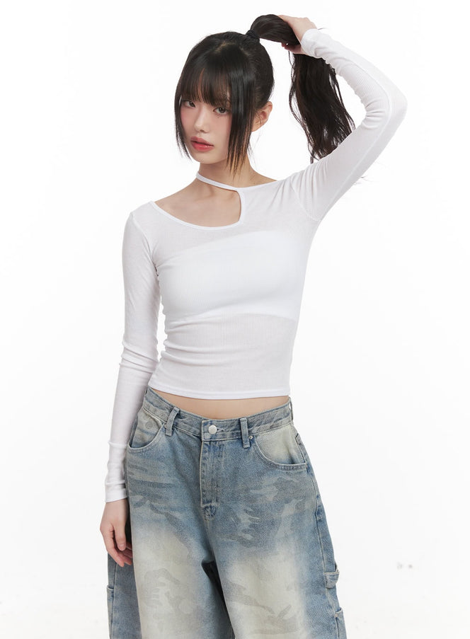 cut-out-slim-fit-long-sleeve-top-cj528 / Light beige