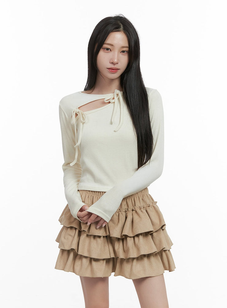 cut-out-ribbon-detail-long-sleeve-top-cs430 / Light beige