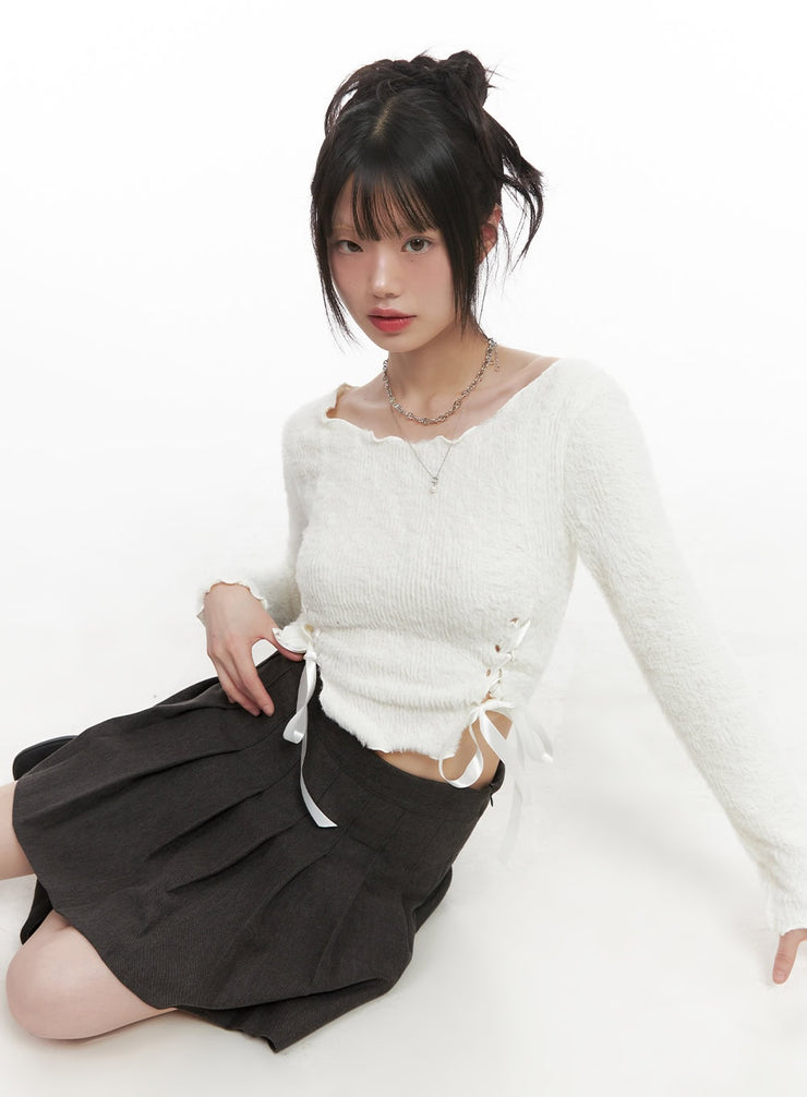 ribbon-boat-neck-long-sleeve-crop-top-cj501 / Light beige