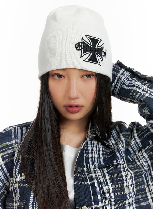 cross-embroidery-beanie-cm418 / Light beige