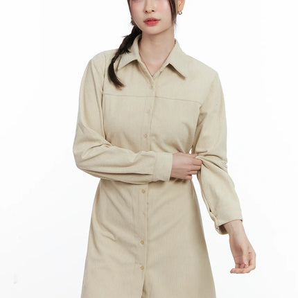 corduroy-button-up-mini-dress-cn518 / Light beige