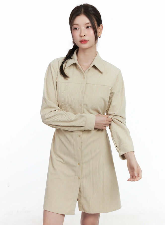 corduroy-button-up-mini-dress-cn518 / Light beige