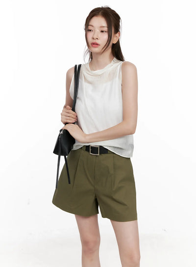 draped-button-sleeveless-blouse-cl523 / Light beige