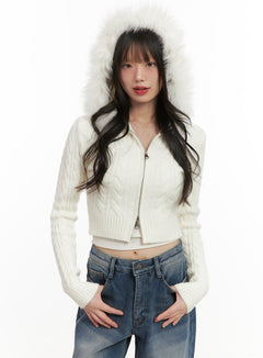 fur-hooded-zip-up-knit-crop-cardigan-cj502 / Light beige