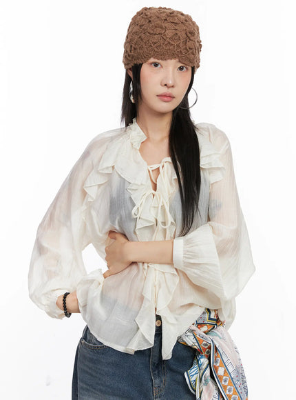 sheer-ruffle-long-sleeve-blouse-co508 / Light beige