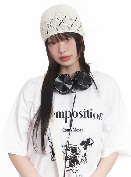 geo-print-linen-beanie-cy520 / White