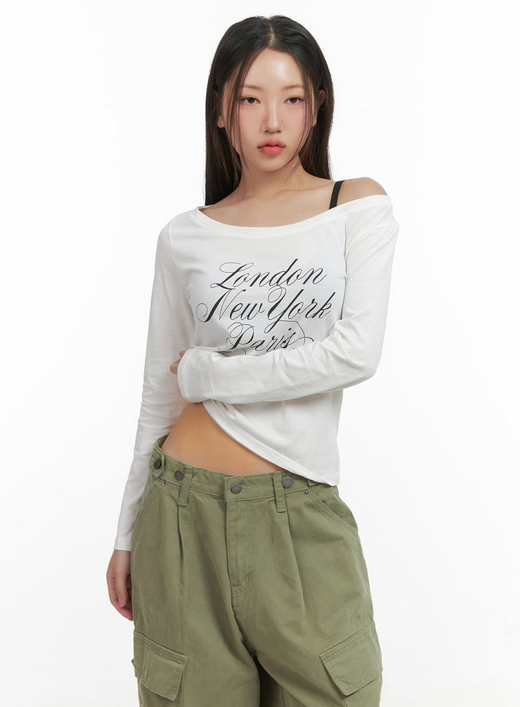 comfy-lettering-off-shoulder-top-co417 / Light beige